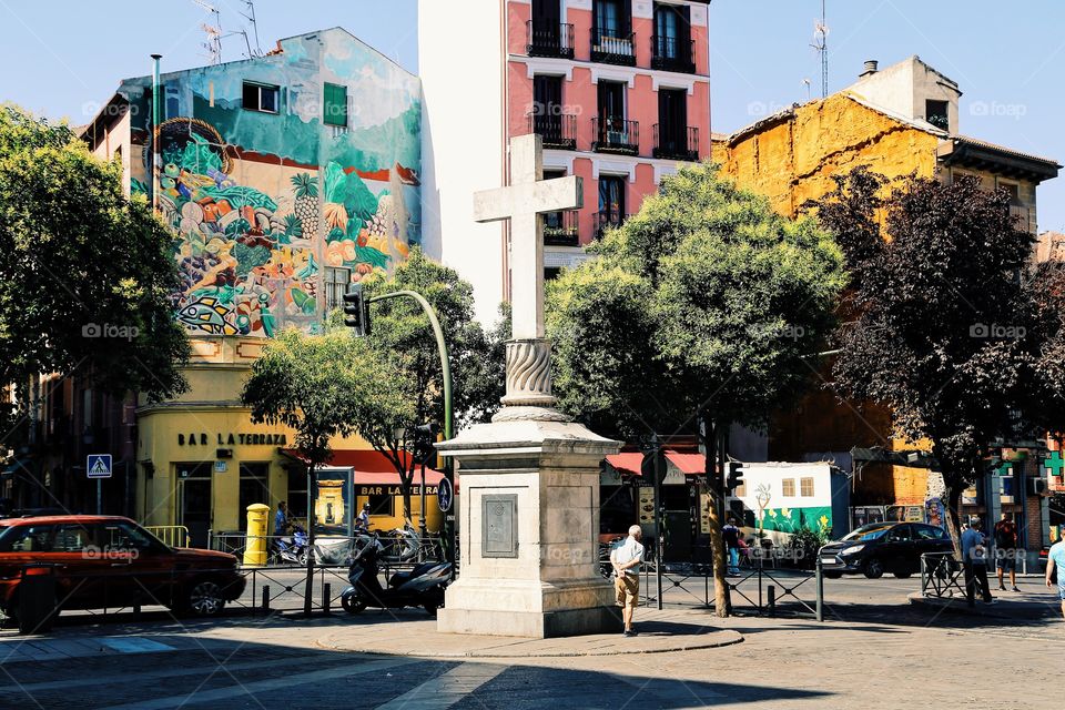 Cross in a small plaza in Madrid 