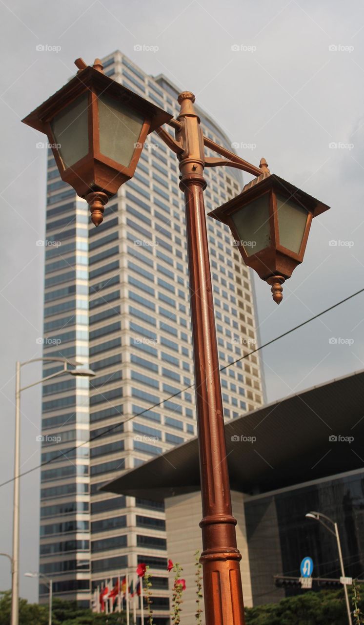 Metal lamppost stretching up I. Front of a very tall building.