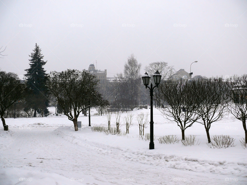 Tranquil winter scene in Riga, Latvia.