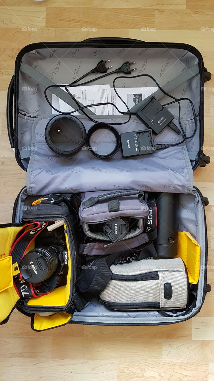 vacation hand luggage , camera equipment
