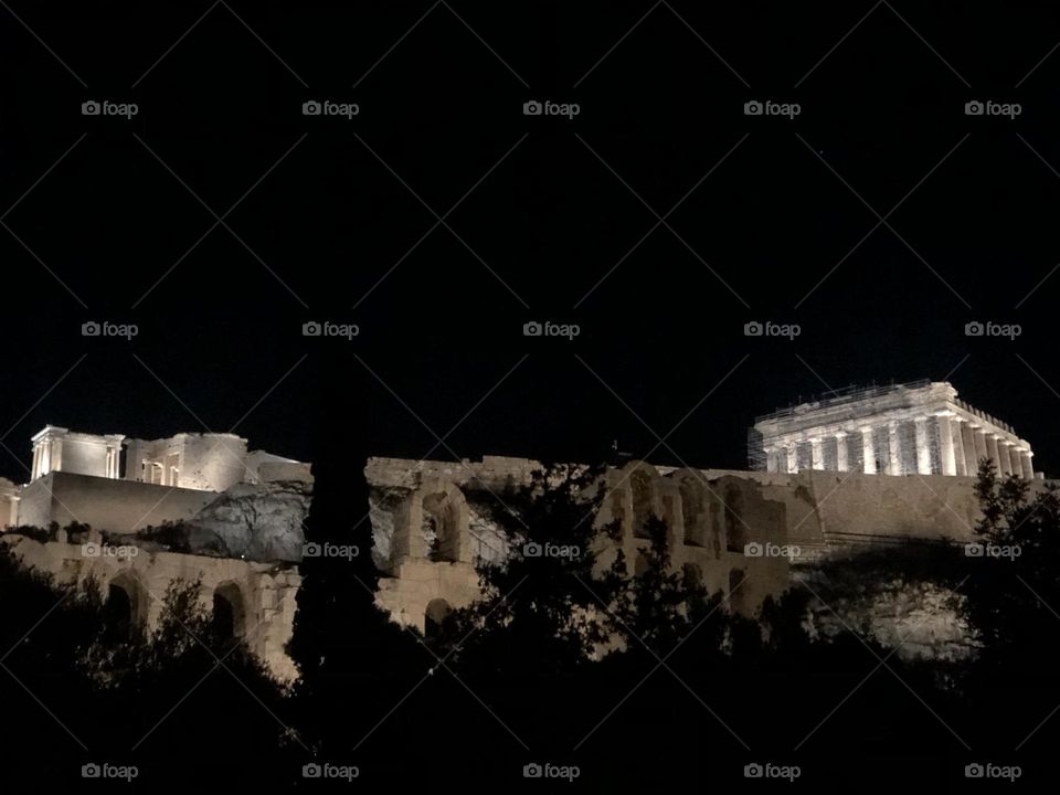 Night shot of the entrance to the Acropolis and Parthenon in Athens, Greece 