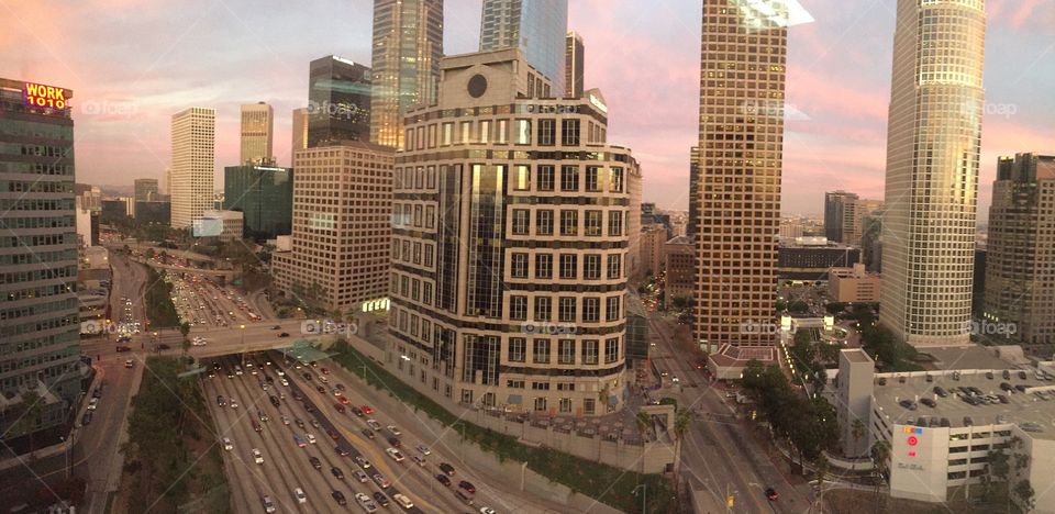 Pink sunset over downtown Los Angeles