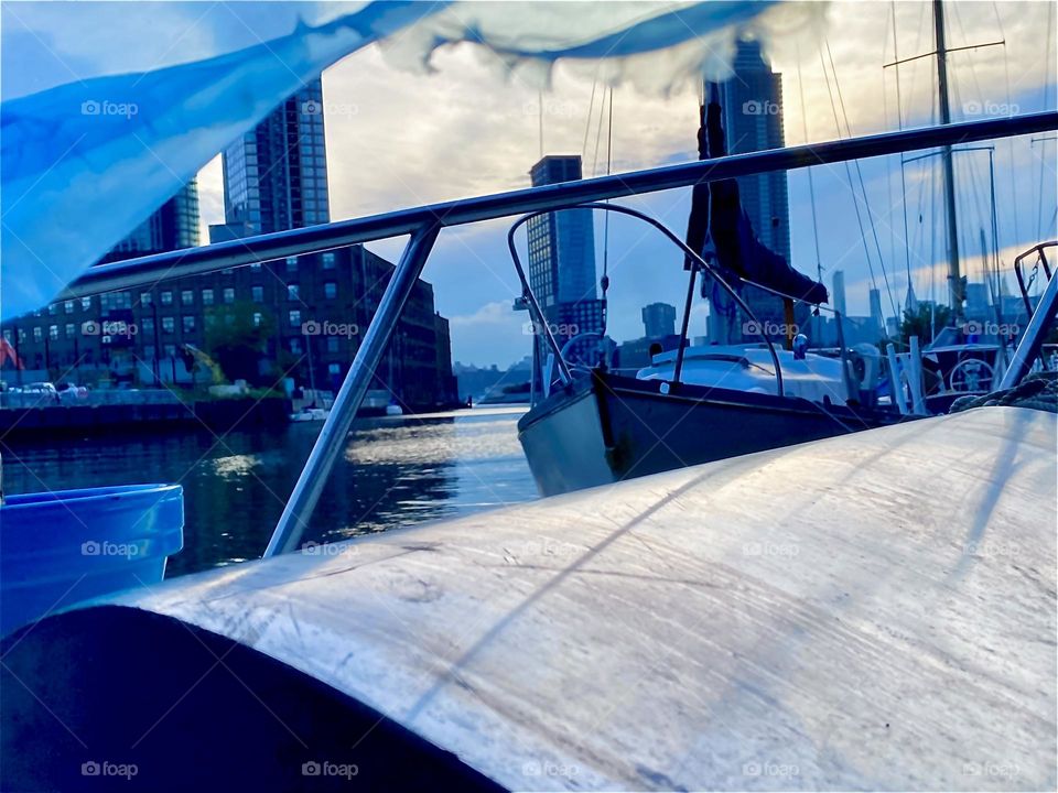 A particularly industrial looking image of “Newtown Creek” as seen from aboard the “Salvation”, our 28 foot Luhrs cabin cruiser aboard which we live full time. 2022. Hypnotic Productions