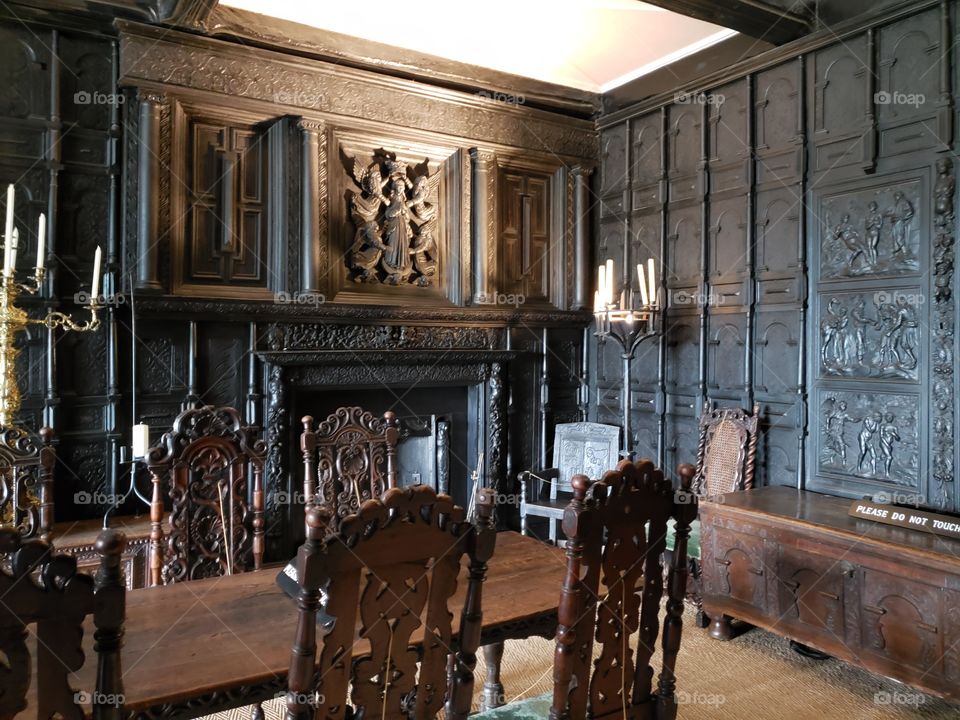 Malahide Castle historical dining room with original wood paneling