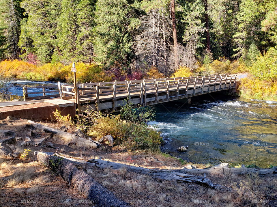 One-Lane bridge over the turquoise waters of the Metolius River at Wizard Falls with beautiful fall colors in the trees on its banks on a sunny Central Oregon autumn morning. 