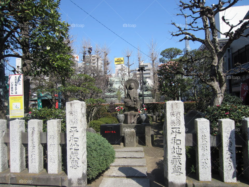 Asakusa Kannon. Sensoji Buddhist Temple and Gardens. Tokyo, Japan. Buddha Statues and Memorial Stones