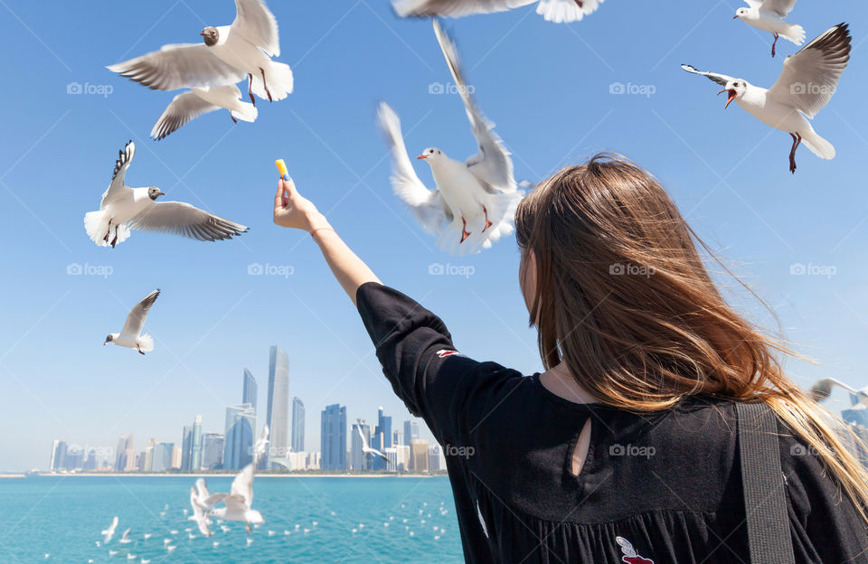 Girl feeding seagulls in Abu Dhabi, UAE