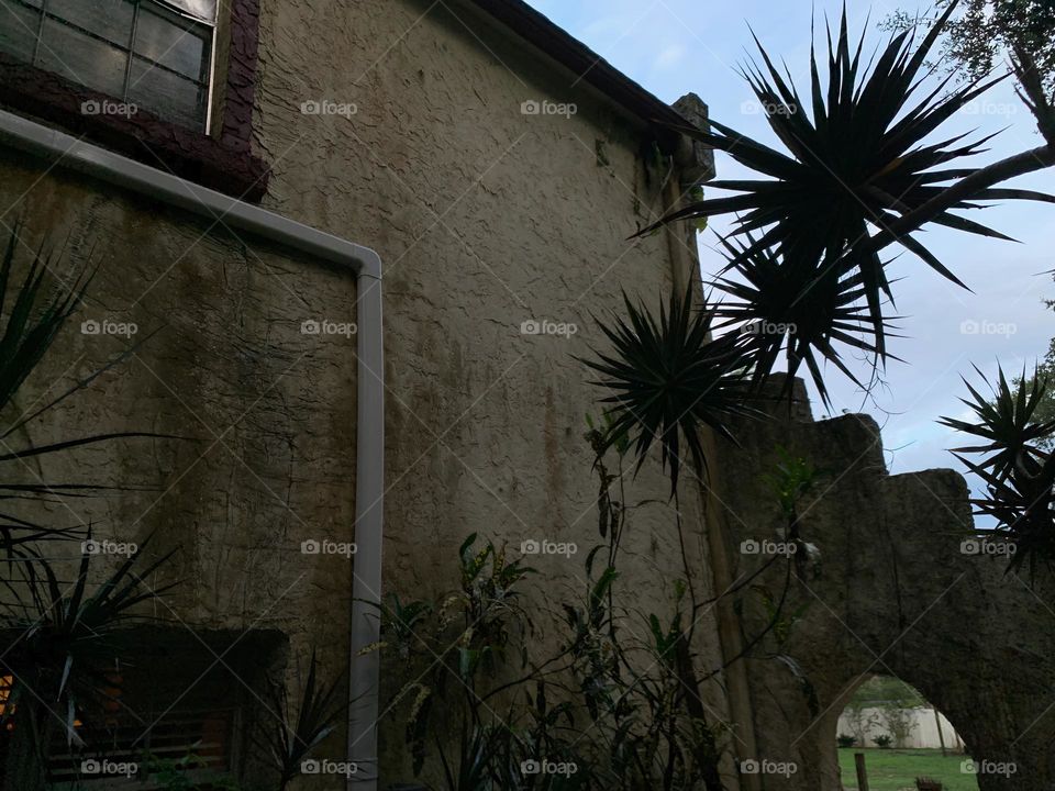 White and red spanish old style architecture residential large house built in the early 1900s. Other entrance opening with antique style door, view on both side of the wall, looking up to the steps stairs style wall with trees, and vegetation growth.