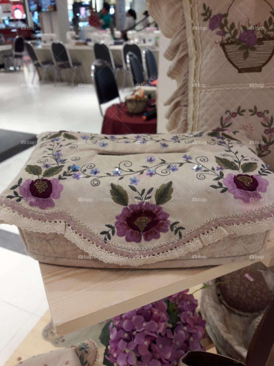 embroidered  tissue box cover.