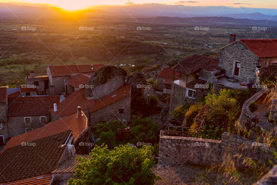 Sunset in the medieval mountain village Monsanto, Portugal.