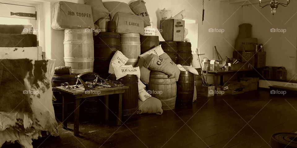 a recreation of a storageroom in an old adobe mission style building in Monterey , CA