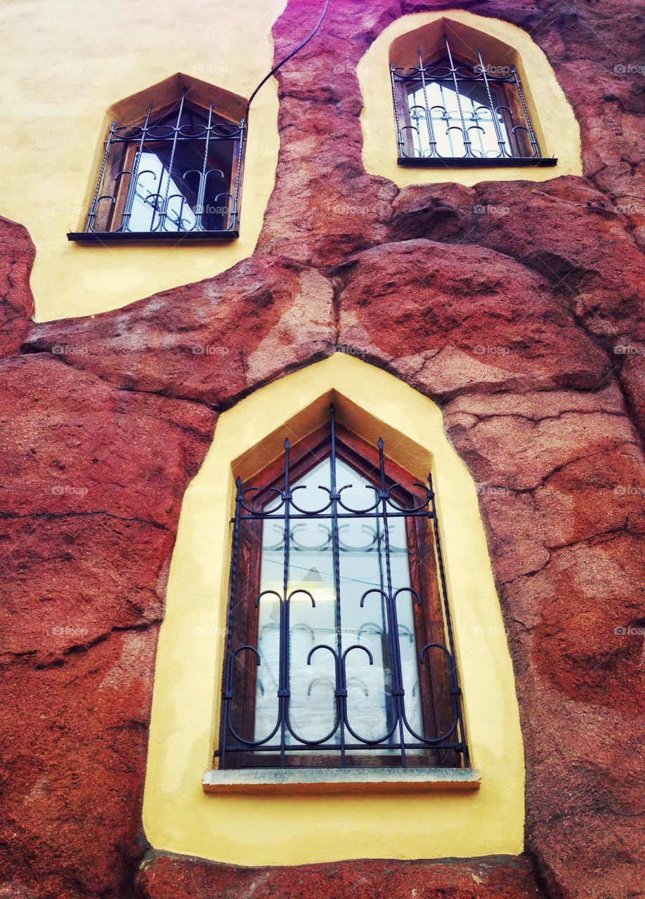 Bright windows on rustic wall in Moscow