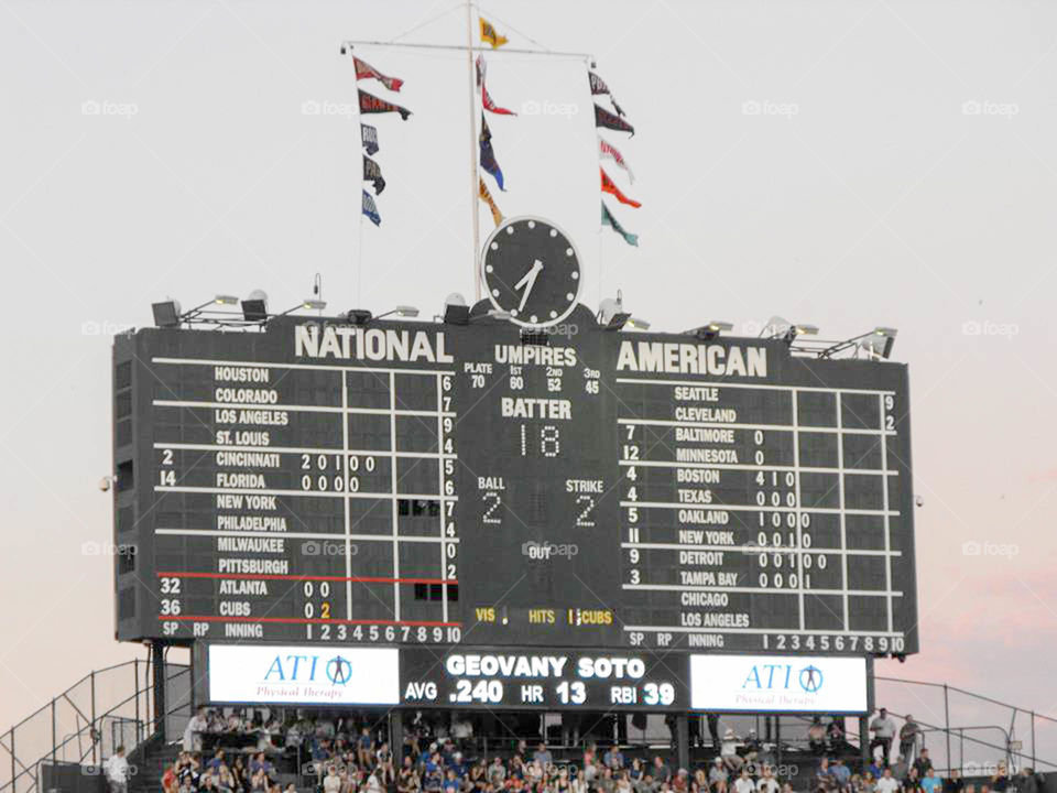 Wrigley Field Scoreboard. Historic scoreboard at Wrigley Field during a sunset game