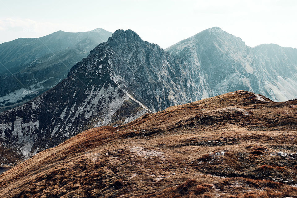 Tatra Mountains landscape. Scenic view of mountain rocky peaks, slopes, hills and valleys covered with grass, mugo pine and trees