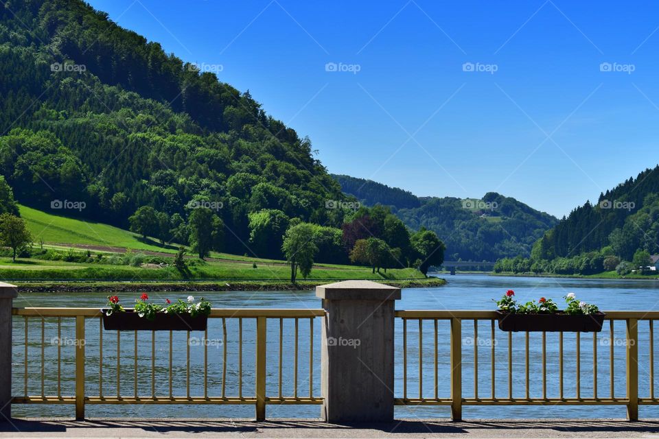 Beautiful quay of Grein in Upper Austria. Sunny day on the bank of the river Danube