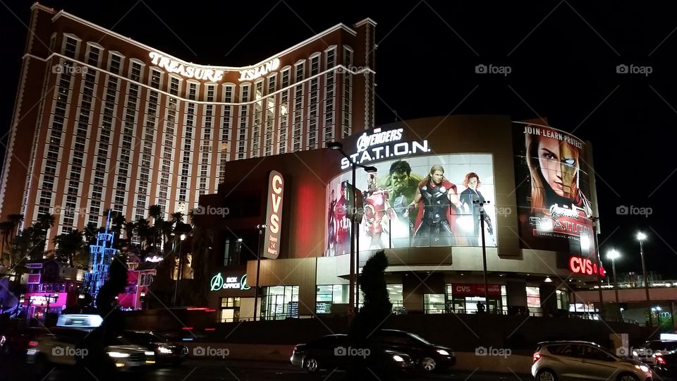 Nighttime Exterior of Las Vegas Strip, featuring Treasure Island and Marvel's Avengers STATION