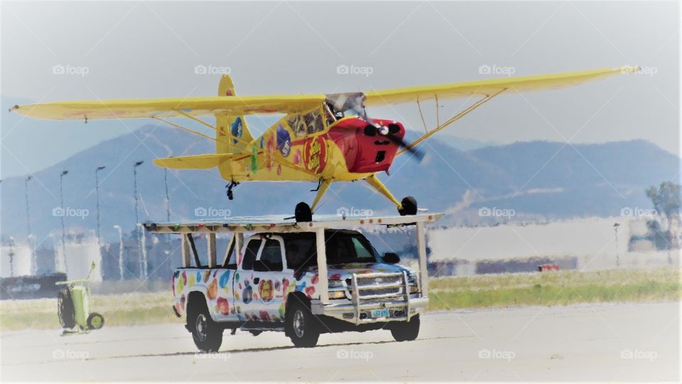 Jelly belly plane landing on truck -March Air Reserve Base
