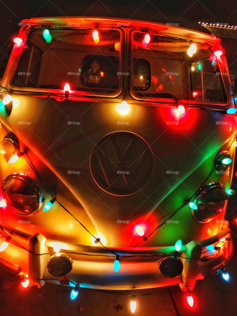 Old VW Van Decorated With Christmas Lights