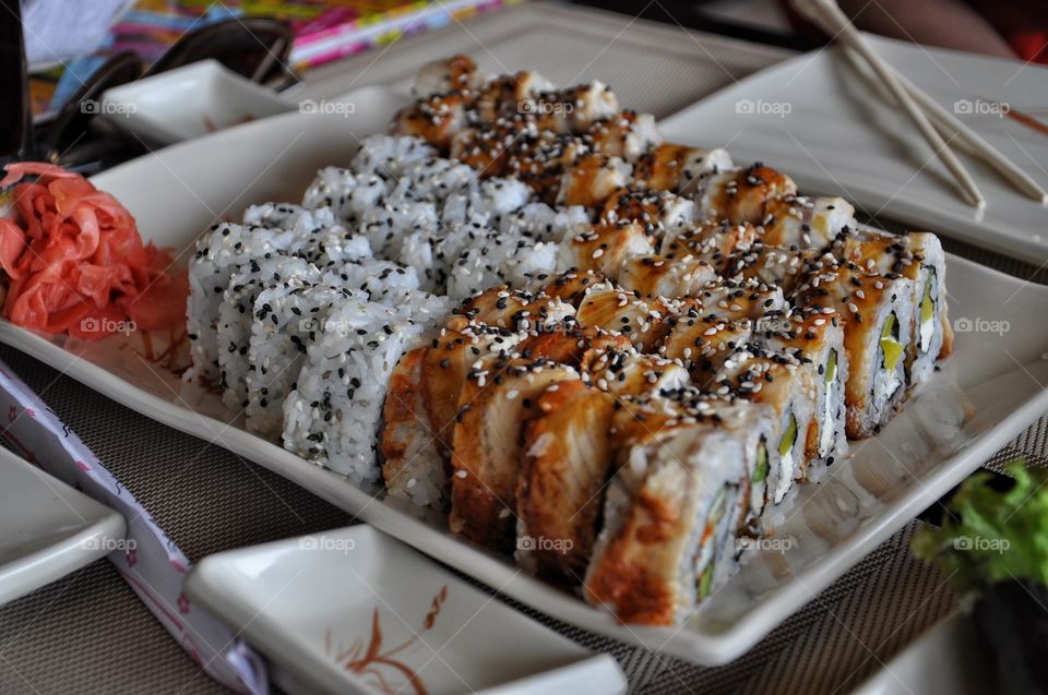 Sushi rolls in Japanese restaurant