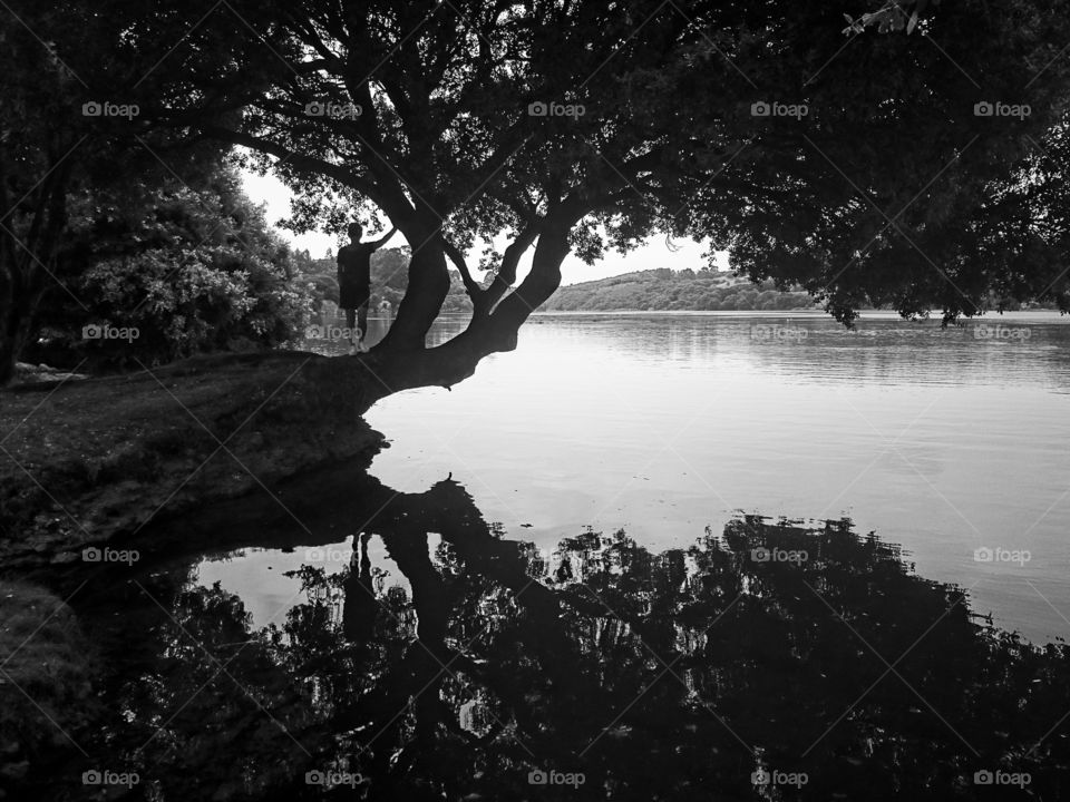 A woman on a tree reflected on the water of a river 