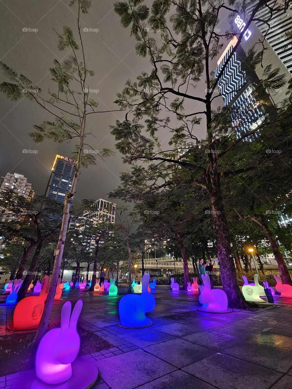 Colorful lighted Easter Bunnies at Hong Kong Victoria Park