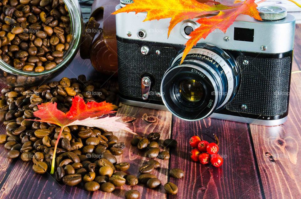 coffee been still life on wooden background