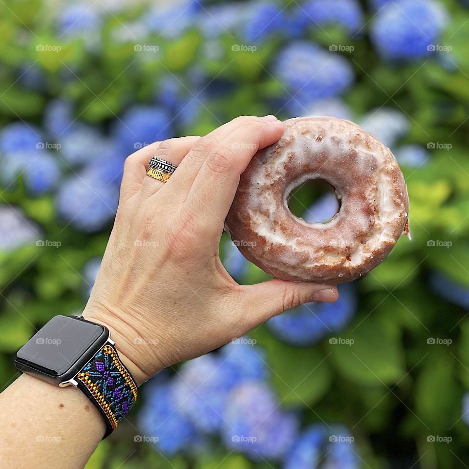 Eating donuts outside, donuts and flowers, eating donuts in the summertime 