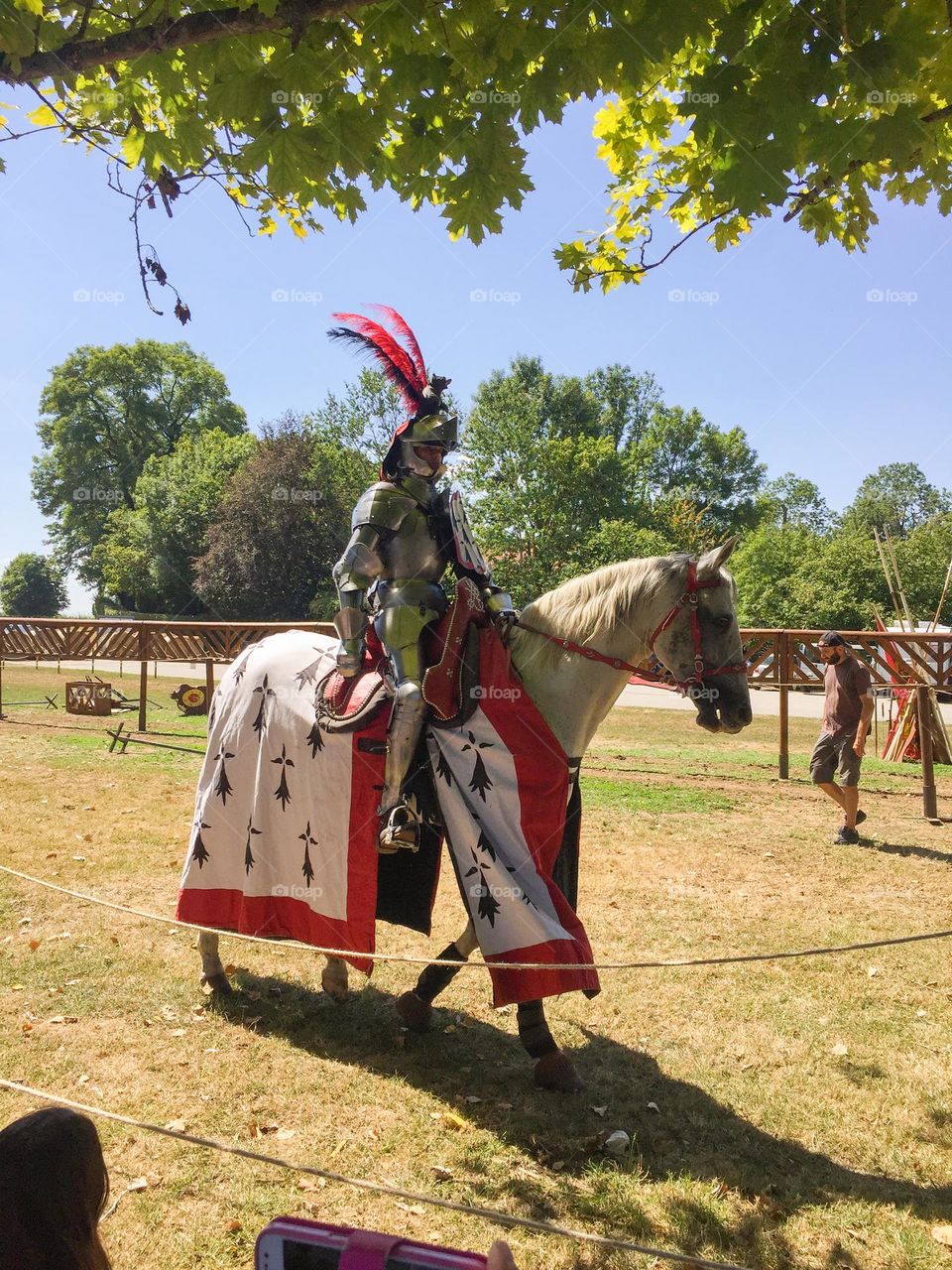 Medieval knight riding on a decorated horse preparing for jousting