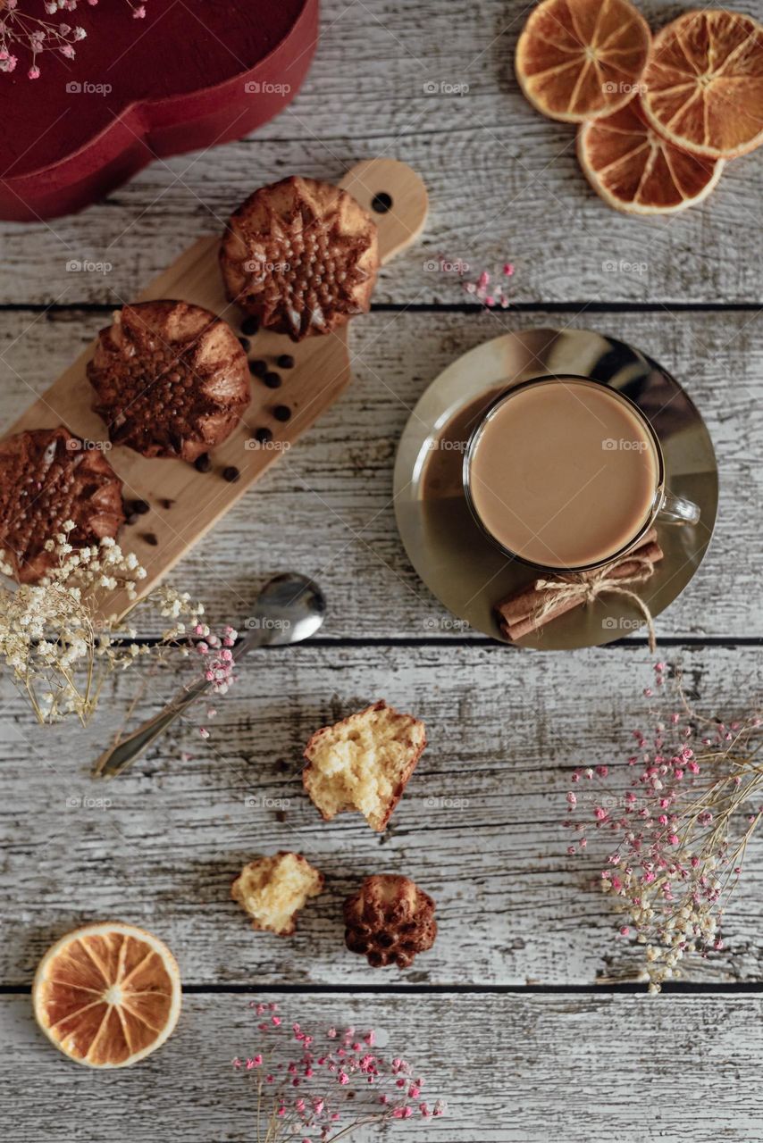 Coffee with milk latte and handmade cake 