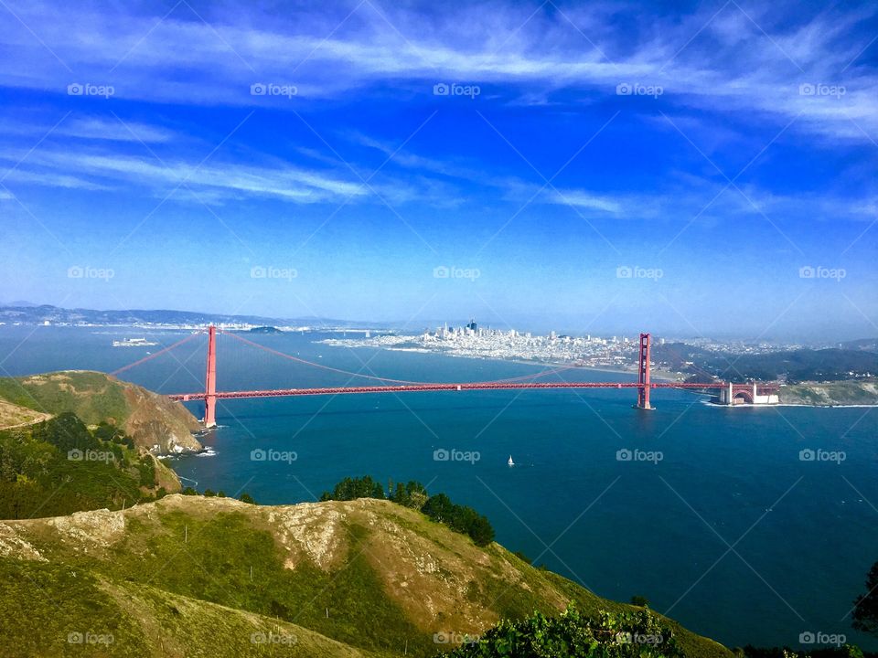 Golden Gate Bridge, San Francisco CA view from Presidio Park the Golden Gate Bridge color is international orange over looking the Bay Area 