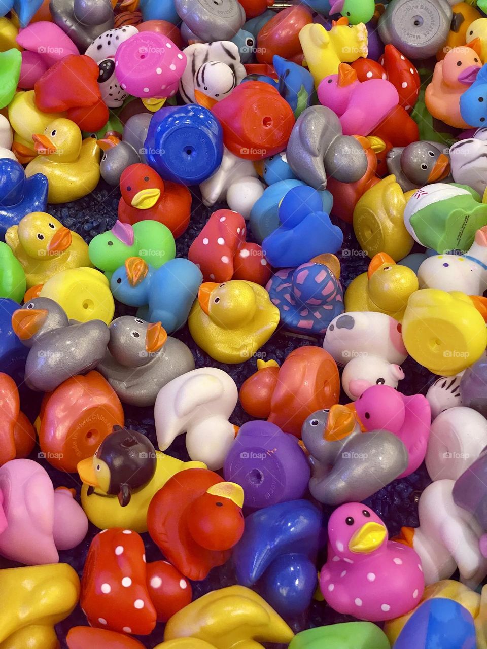 A large selection of bright colorful rubber duckies