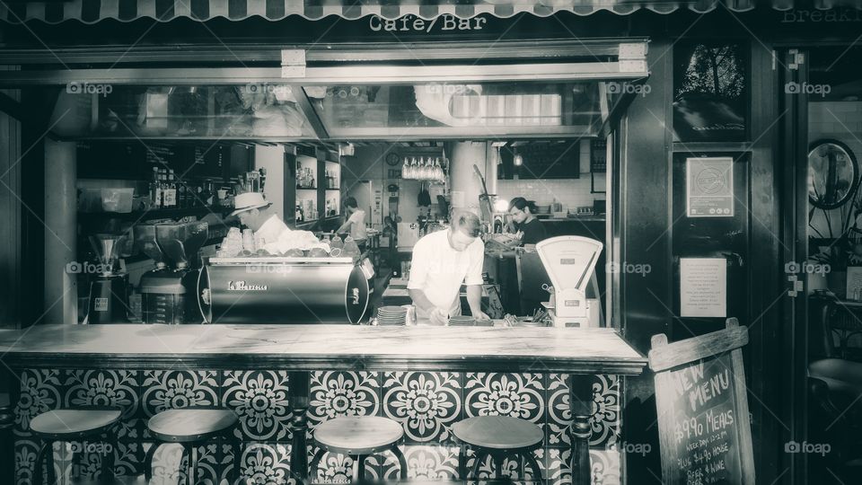 Store front at the Coco Cubano Cafe, University of New South Wales, Sydney, Australia. A relaxing atmosphere in old Cuban setting. Monochrome version.