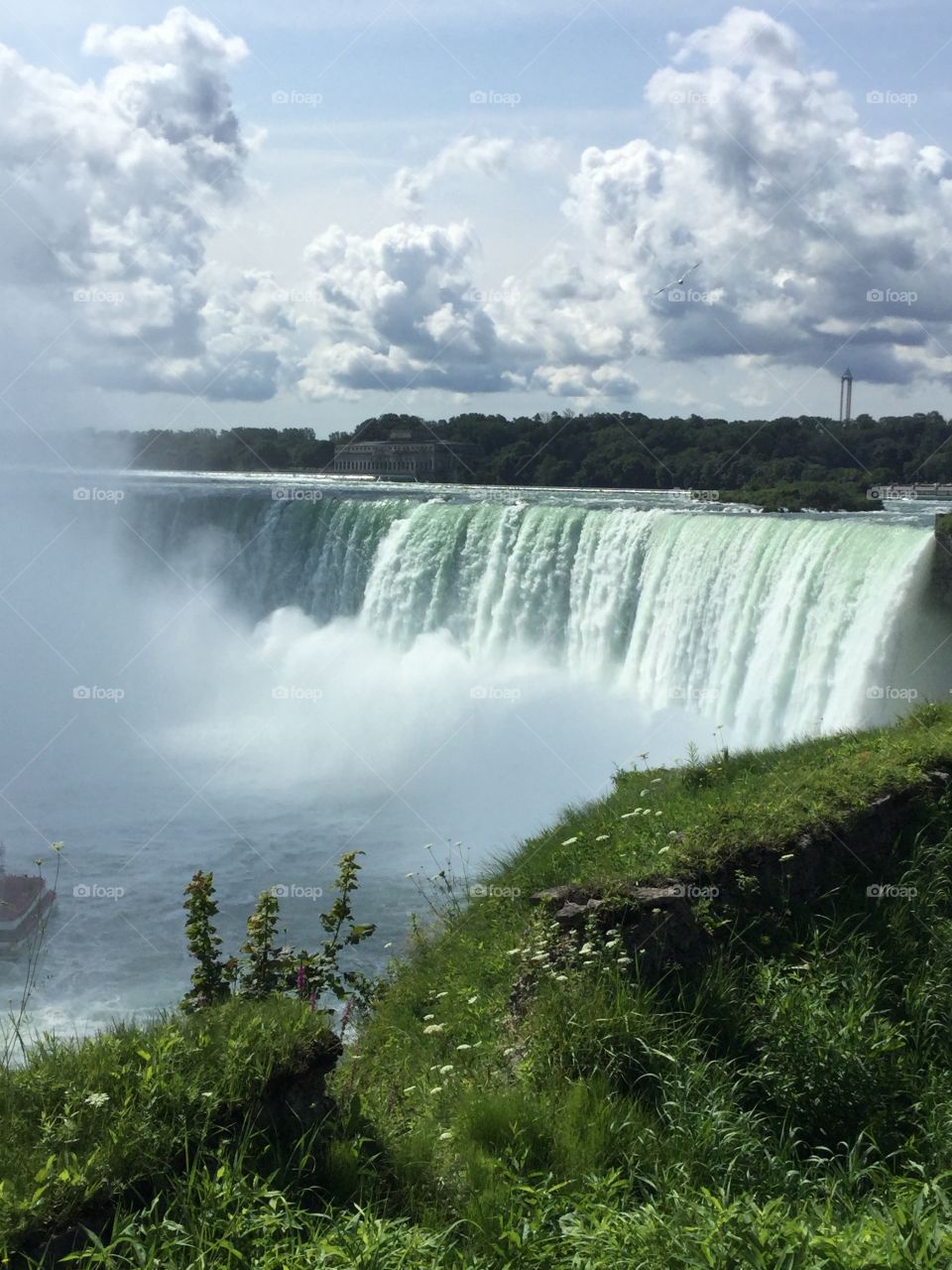 Niagara Falls in summer, view from Canada; the clouds of mist next to the plush green grass: a beautiful representation of nature at its finest; over 3,000 tons of water flowing over the falls every second makes this a perfect view.