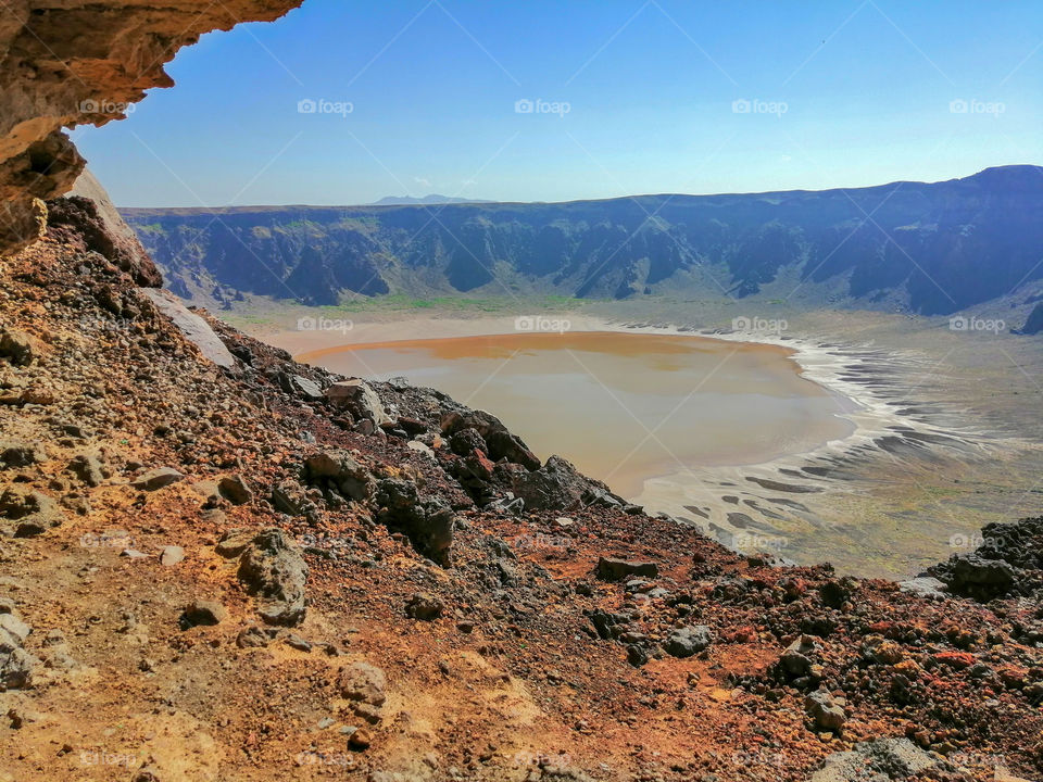A view of the Al Wahbah Crater bottom from a shelter in the crater wall, Saudi Arabia