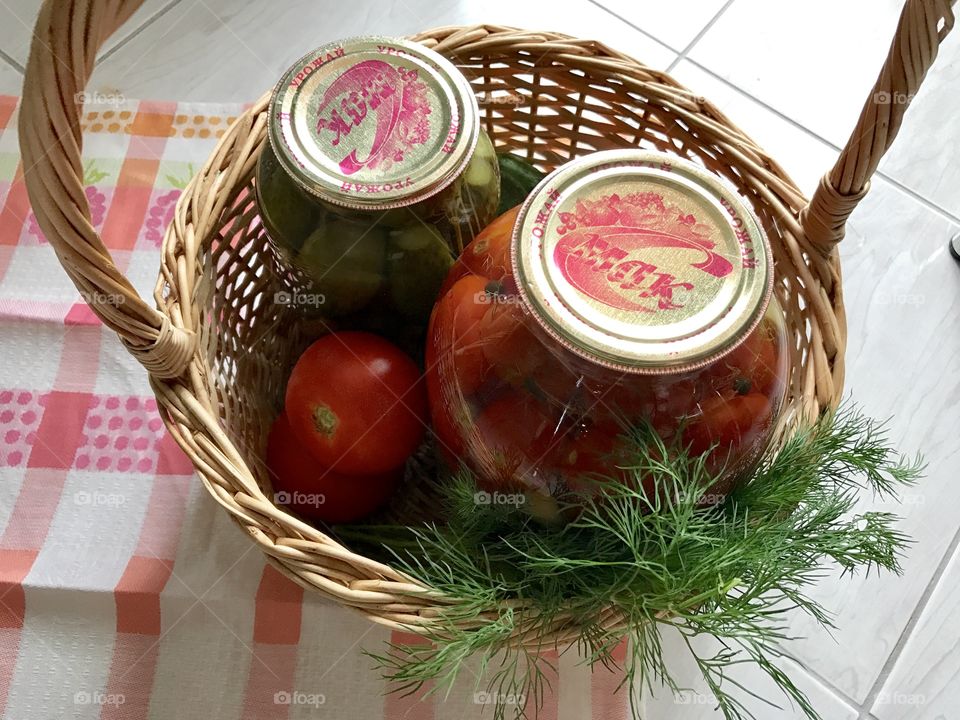 homemade pickles cucumbers and tomatoes 