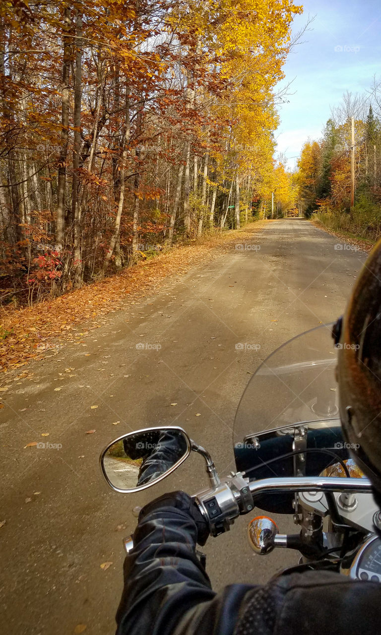 Motorcycle riding down an autumn road from the driver's perspective.