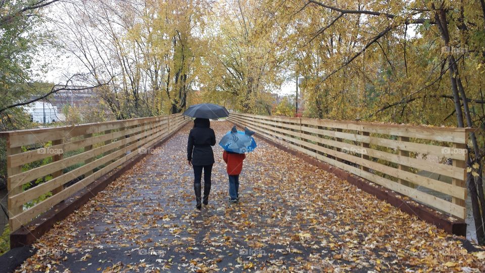 Mother and Son walk. Fall walk in Wisconsin