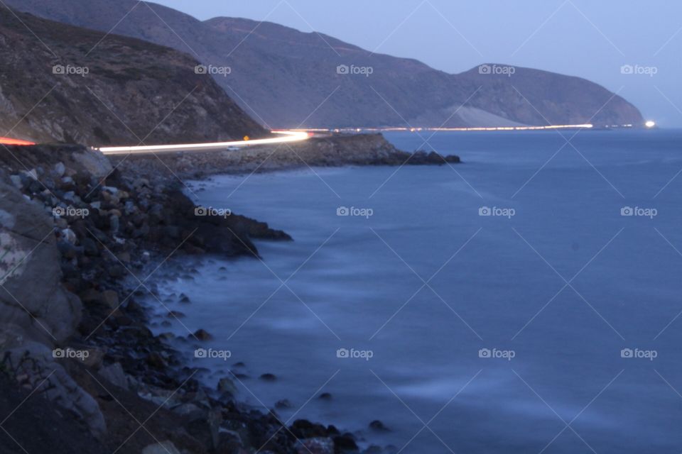 Long exposure of gorgeous beach shore and freeway in SoCal 