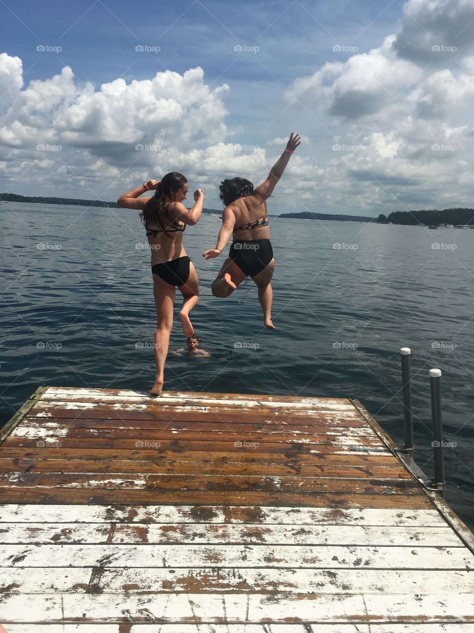 Pier, jumping, lake, dock