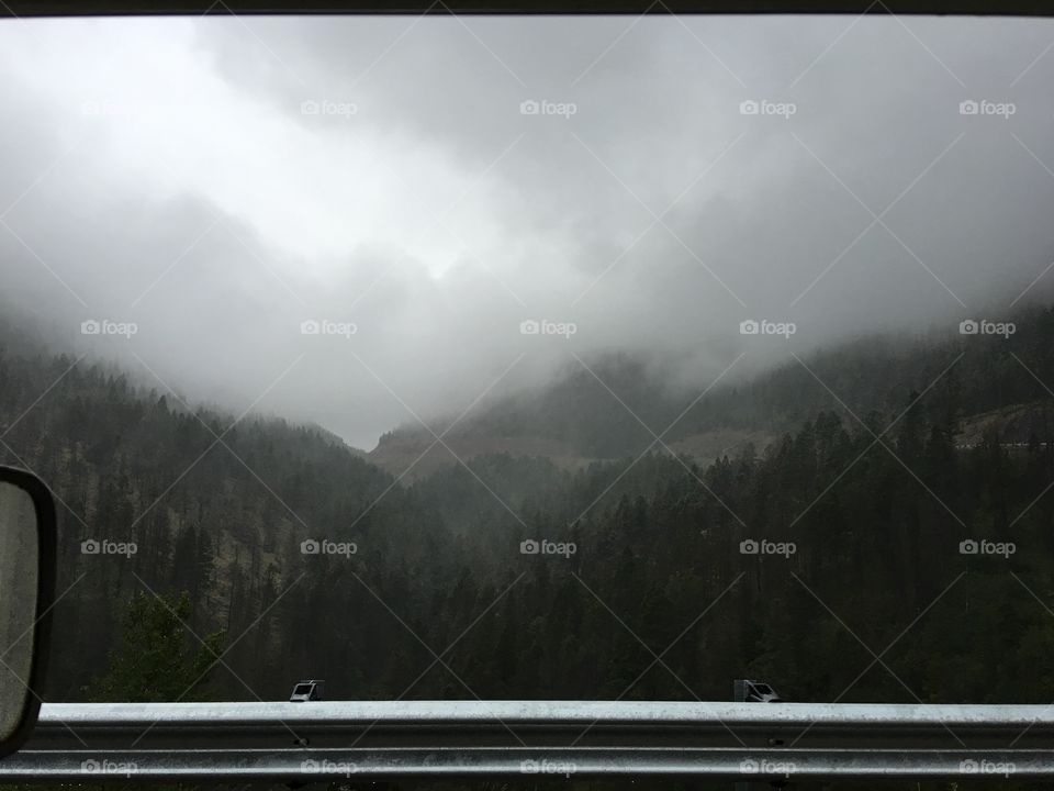 Rogers Pass in western Montana. View from the car window on a foggy day. 