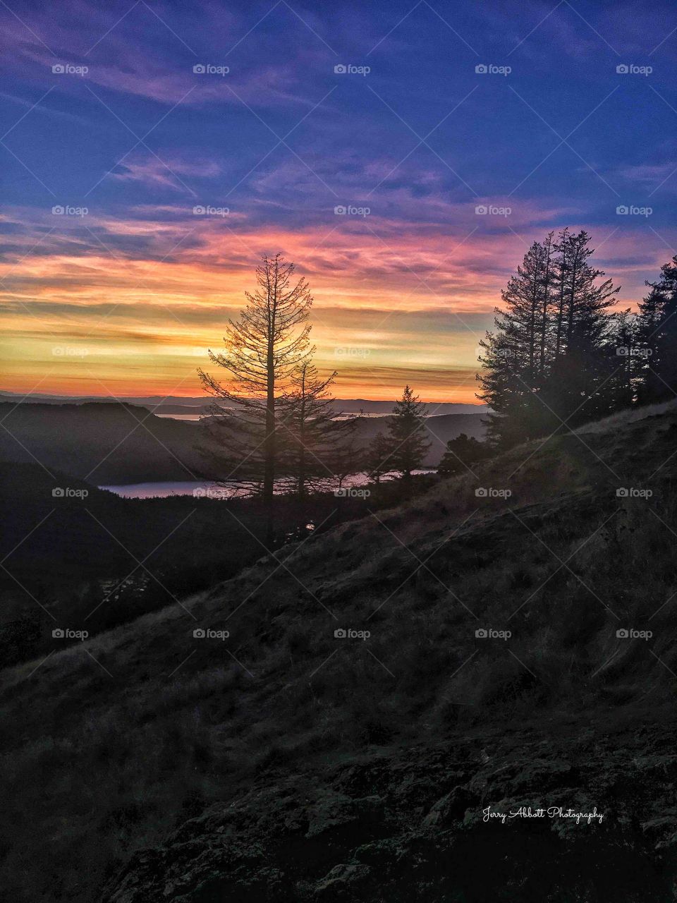 San Juan Islands sunset in the fall from Mt Constitution on Orcas Island