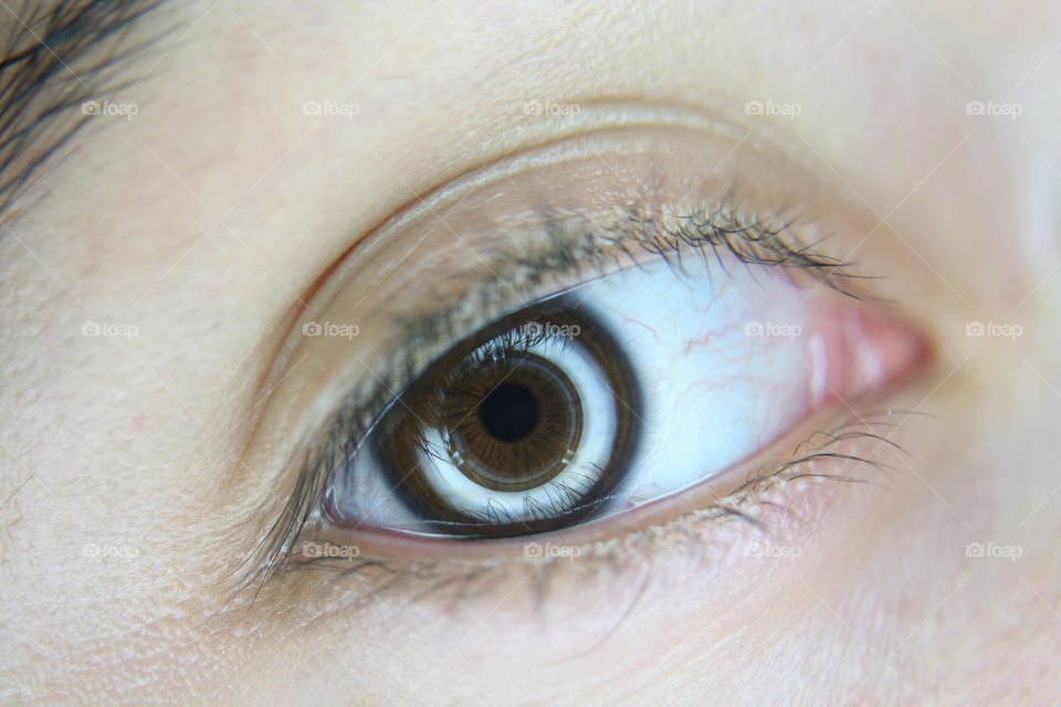 Close-up of an eye with a light ring reflection in it