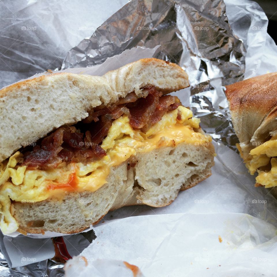 Egg bacon cheese bagel. Breakfast in NYC 