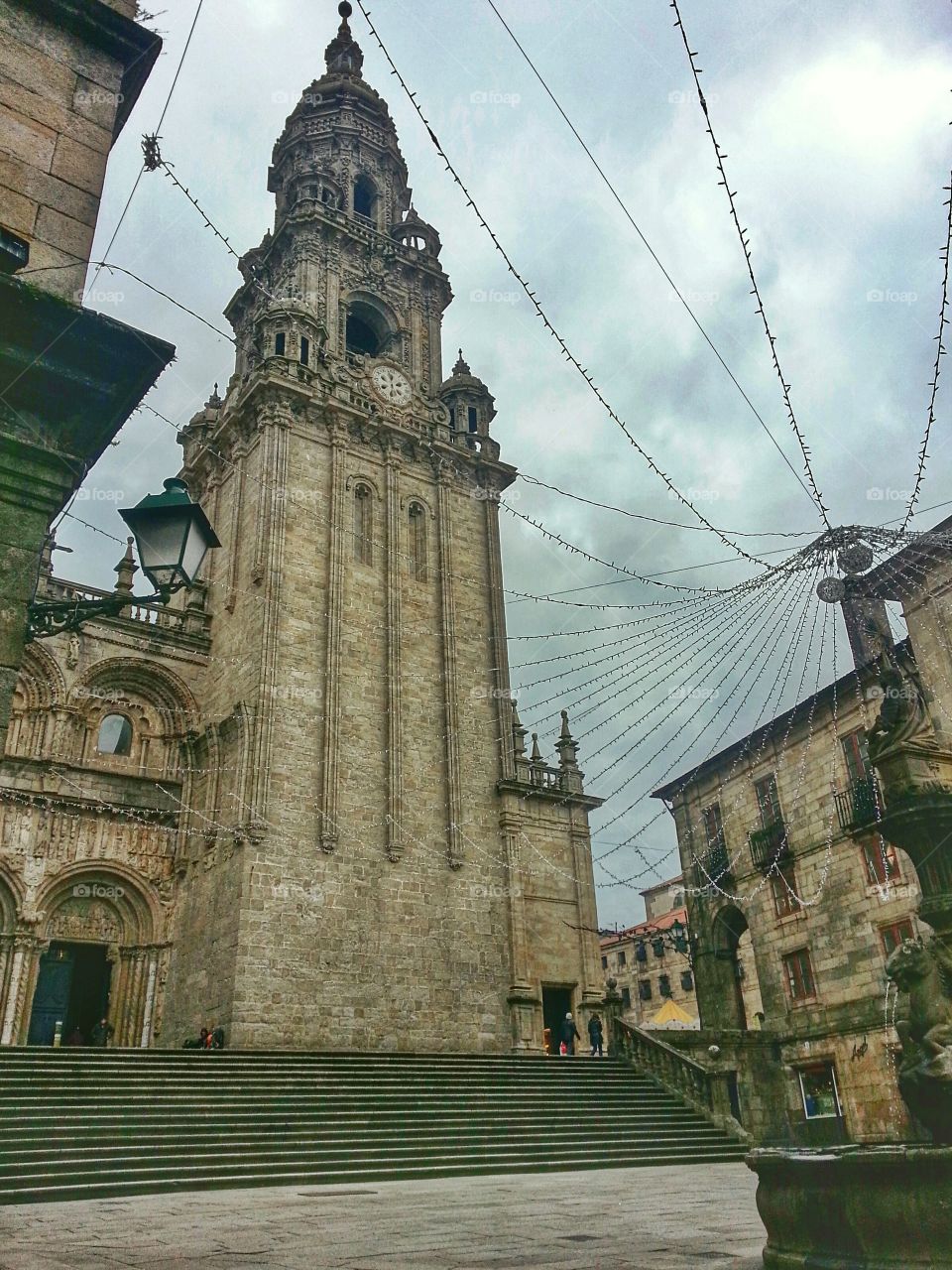 View of Clock Tower from Platerías. Clock Tower, Santiago de Compostela Cathedral, seen from Praza de Platerías