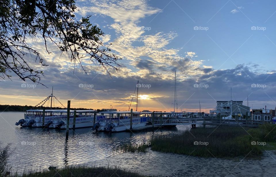 Sunset, ferry boats docked Beaufort NC