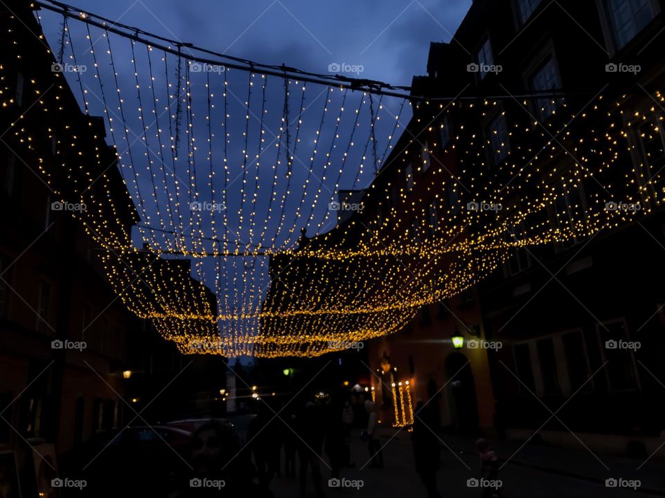 Warsaw street with lamps installation 