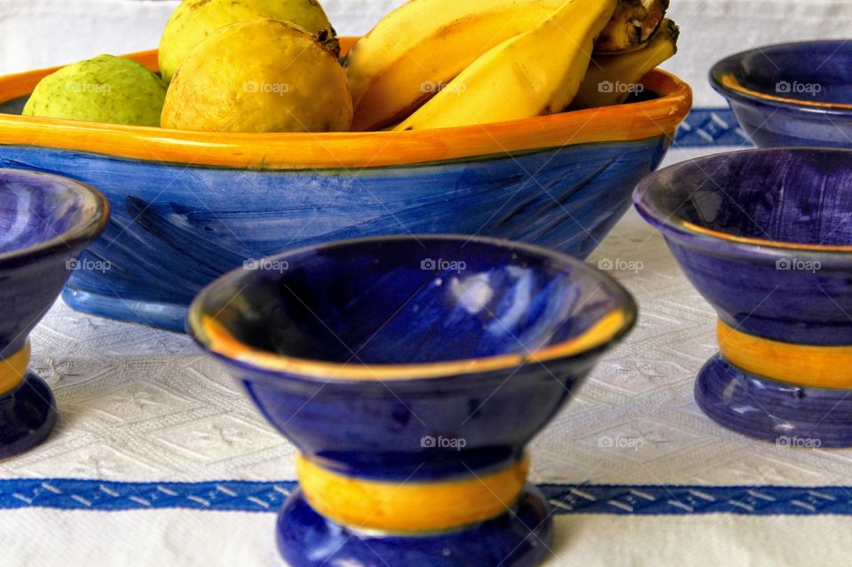 Fruits in blue fruit bowl