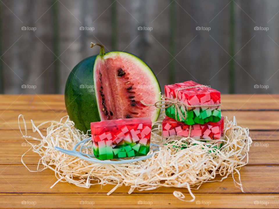 Soap bars of handmade soap with watermelon aroma.