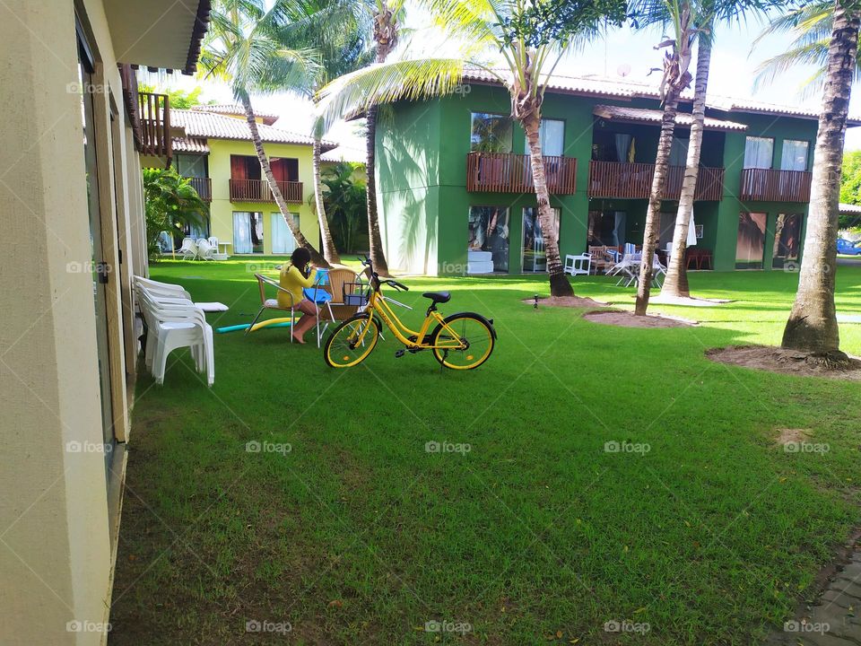 yellow bicycle, green nature houses paradise, condominium