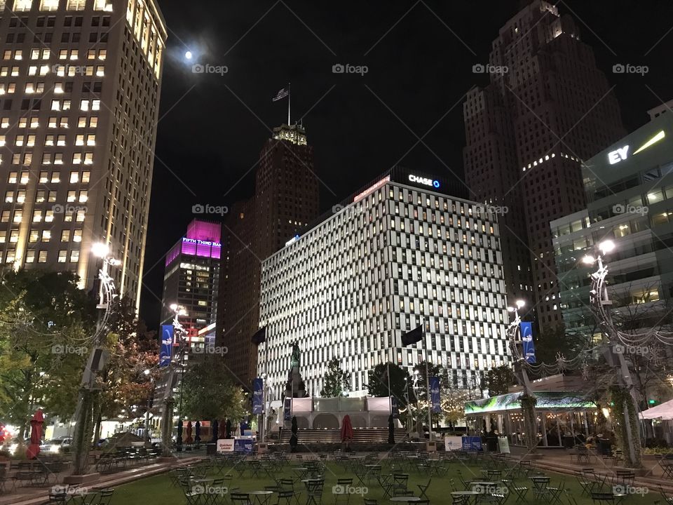 Downtown Detroit at Night with moon